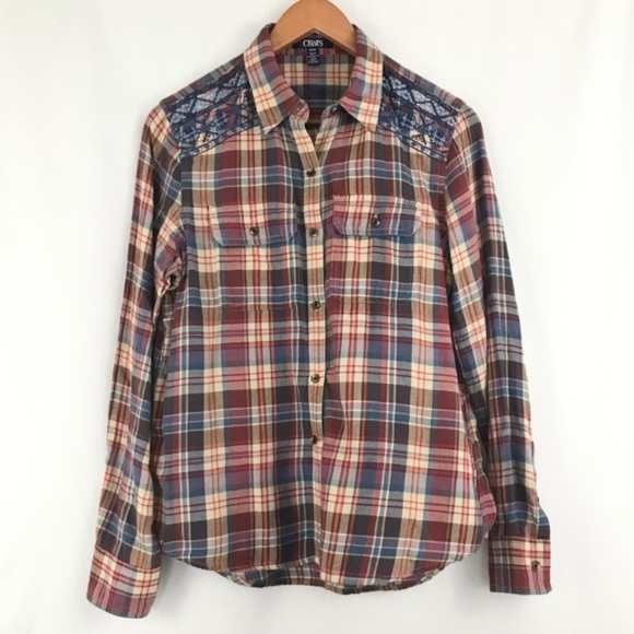 Chaps Tops - Chaps plaid lightweight flannel shirt w/embroidery detail